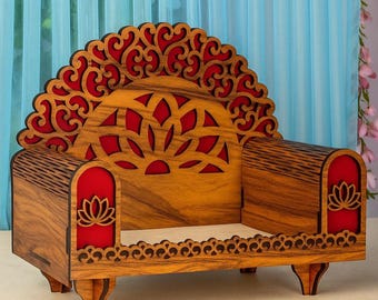 Handcrafted Lotus Wooden Singhasan: Miniature Sofa for God, Home Temple Decor