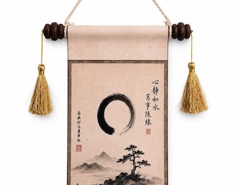 Japanese Zen Enso Circle Wall Hanging Scroll | Japanese Meditation Art Banner | Minimalist Spiritual Home Decor | Yoga Room & Office Decor