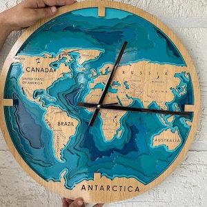 Reloj de pared de madera con mapa del mundo de mandala, reloj de pared de madera único, mapa del mundo de 6 capas, arte de mandala indio.