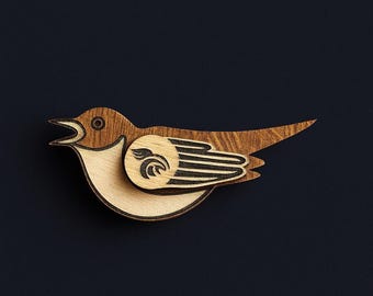 Handcrafted Wooden Bird Brooch: Intricate Engraved Plywood Pin
