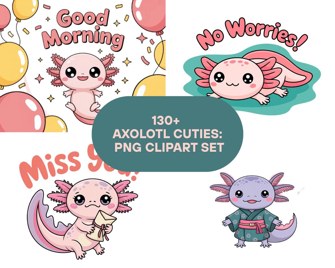 Huge 130+ Kawaii Axolotl Clipart Set – Cute PNG Bundle for Scrapbooking ...