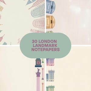 Papier à lettres pastel London Landmark | PDF imprimable de 30 pages A4 | Papeterie britannique décorative avec bordures emblématiques | Téléchargement instantané