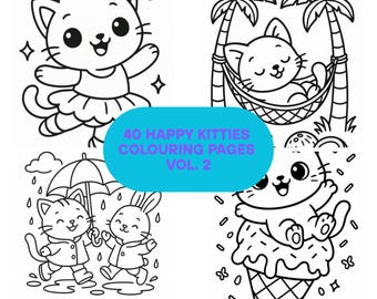 40 Happy Kitties Colouring Pages VOLUME 2 – Cute Cat Printable Coloring Book for Kids & Adults