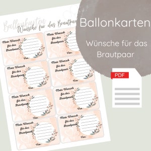 Ballonflugkarten Hochzeit drucken / Wünsche für das Brautpaar / Aktivität für die Gäste bei Hochzeit Polterabend Junggesellenabschied