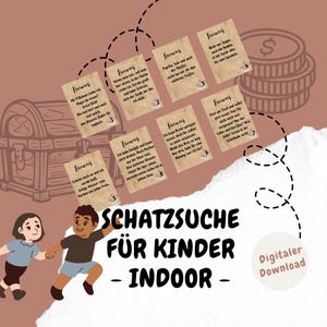 以下が含まれることがあります： ドイツ語で書かれた謎が書かれた茶色の宝箱とカラフルなカードで構成された、子供向けの宝探しゲーム。カードには「Finwes」という言葉が書かれています。このゲームは屋内でのプレイ用に設計されています。
