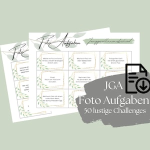 Könnte beinhalten: Ein druckbarer Satz von 50 Foto-Challenge-Karten mit einem grünen Blattdesign. Die Karten haben goldene Ränder und einen Text, der "JGA Foto Aufgaben 50 lustige Challenges" lautet.
