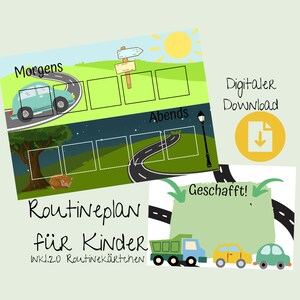 Peut inclure: Un tableau de routine imprimable pour les enfants sur le thème de la voiture. Le tableau comporte deux sections : matin et soir. Chaque section comporte cinq cases vides pour ajouter des images ou des mots. Le tableau comprend également un camion vert, une voiture jaune et une voiture verte. Le texte sur le tableau dit "Plan de routine pour les enfants, incl. 20 cartes de routine".