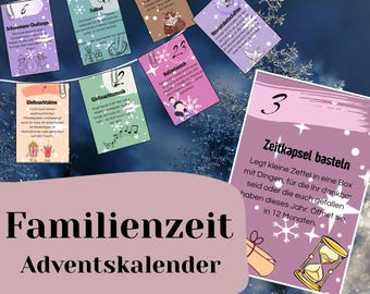 Könnte beinhalten: Ein Adventskalender mit Karten, die an einer Schnur hängen. Jede Karte zeigt eine Nummer und eine weihnachtliche Aktivität. Der Text "Familienzeit Adventskalender" ist unten im Bild zu sehen.