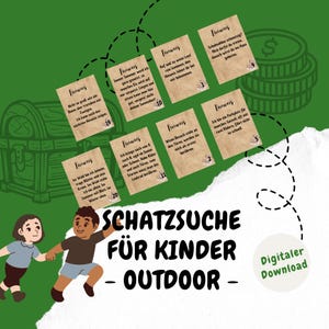 Op de afbeelding: Een printbaar schattenjacht spel voor kinderen met een groene achtergrond en een schatkist. Het spel bevat kaarten met aanwijzingen die in het Duits zijn geschreven. De tekst op de kaarten luidt: "Finwris", "Schatzsuche für Kinder - Outdoor" en "Digitaler Download".