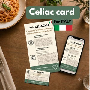 Può includere: Una carta per celiaci per l'Italia stampata su carta color crema con accenti verde scuro, con la bandiera italiana, testo in italiano sulle esigenze senza glutine, un simbolo di divieto per il grano e un'icona di tostapane, su carta e smartphone.