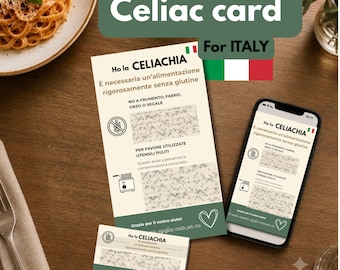 Tessera da viaggio per celiaci in Italia | Tessera per ristoranti senza glutine | Tessera di traduzione per allergie | Tessera da viaggio stampabile per portafoglio in Italia