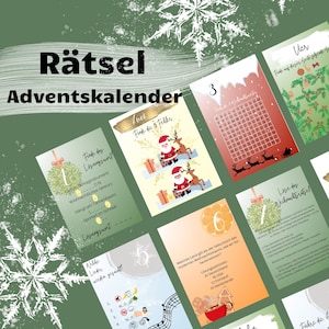 Può includere: Un coloratissimo calendario dell'Avvento con 6 diversi puzzle a tema natalizio. Ogni puzzle ha un numero e un titolo, come "Trova il violinista" e "Trova la parola soluzione".