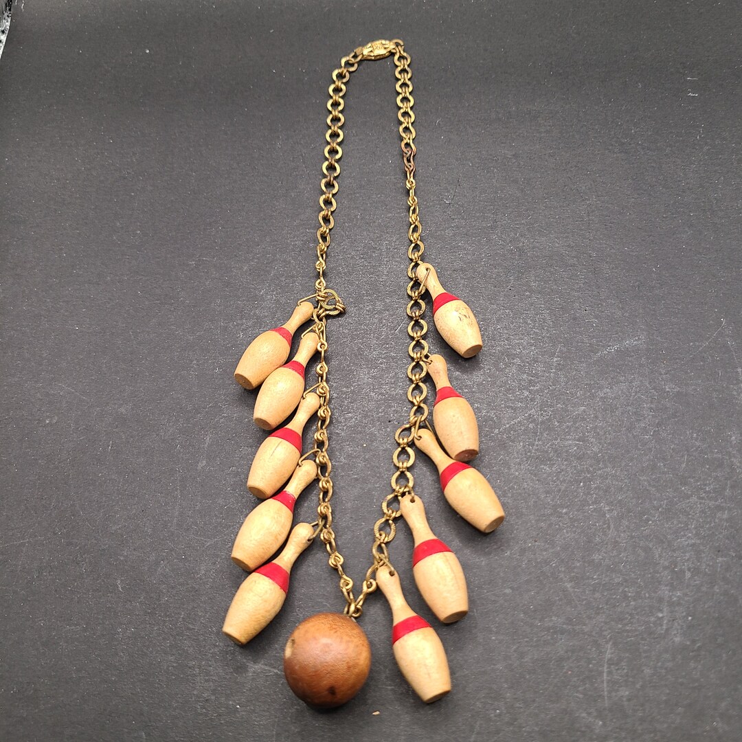 Necklace Bowling Pins and Ball in Wood. Set of 10 Pins . 1940's Gold