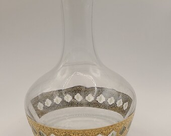 Barware glass decanter w 22 K gold design w green diamonds. Culver Valencia. Vtg