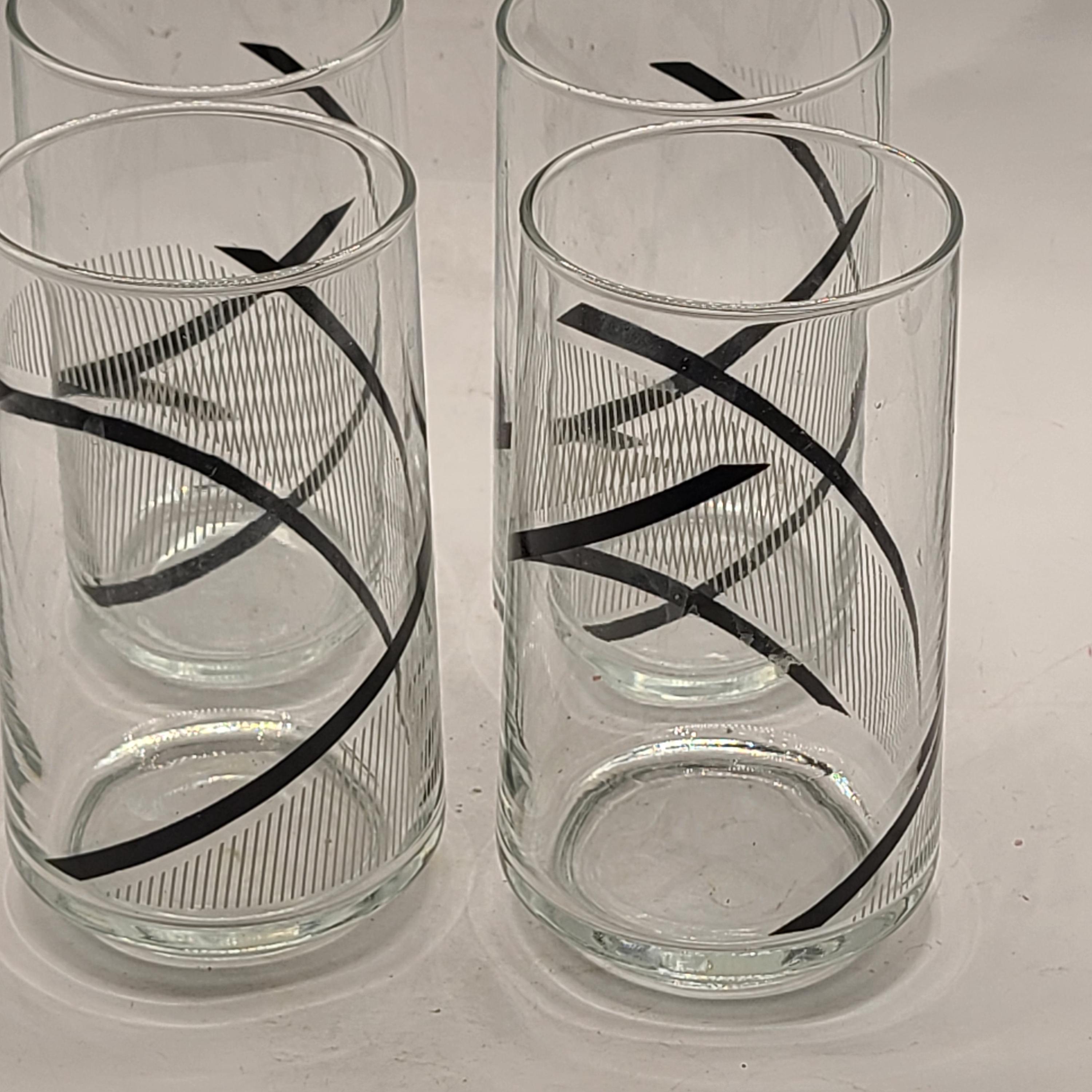 4 Vintage George Briard Crisa black white striped retro drinking glasses.