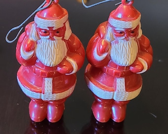 Vintage 1950s Hard Plastic  Red SANTA Christmas Ornaments. 2 pc. 3.25&quot; MCM Retro