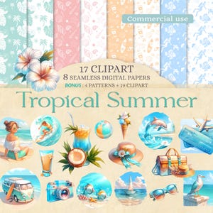 Cliparts + Papel digital PNG sin costuras, Vacaciones, verano tropical, playa exótica, mar, Patrones de fondo personalizables, Uso comercial