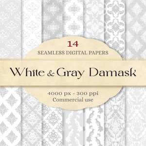 White and Gray Damask Digital Papers - Seamless - Large size 4000 px 300 ppi - Commercial use - Sandreen