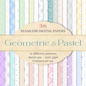 Papiers numériques pastels, motifs géométriques et floraux Seamless - Scrapbooking, cartes - PNG 3600 px - 300 ppi - Utilisation commerciale