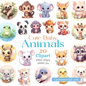 Cliparts Bébés Animaux mignons pour POD, Stickers, Scrapbooking, DIY, 20 PNG Grande taille 3800px, 30 cm, Fond transparent, Usage commercial