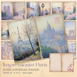 Doubles pages de Junk Journal Paris Impressionniste, Notre-Dame, Seine, Tour Eiffel, Louvre, France, Papiers JPG 11" x 8,5", téléchargement