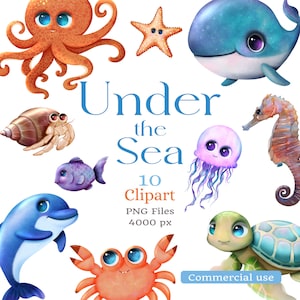Cliparts d'animaux marins mignons - Under the Sea - PNG Fond transparent - Grande taille 4000 px - Utilisation commerciale - Sandreen