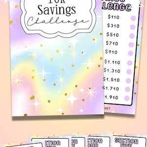 May include: A budgeting guide with the text "How to Budget on a Low Income" and a "10k Savings Challenge" theme. The guide is divided into 10 sections, each with savings goals, and features a pastel color scheme with gold accents.