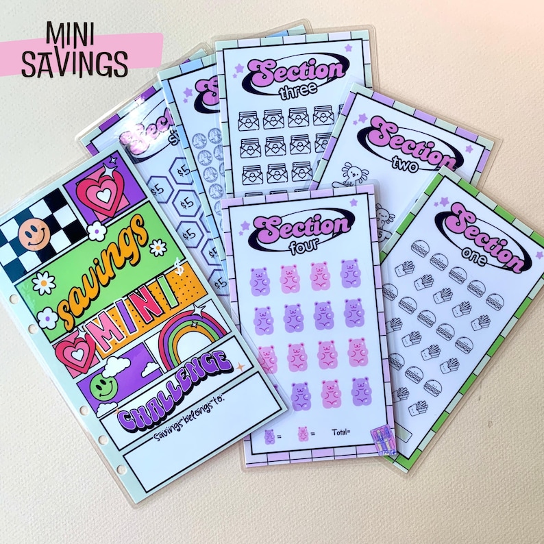 May include: A set of colorful printable mini savings challenge trackers with different sections. Each section has a theme and a grid of icons to color in as you save money. The sections include "Section One", "Section Two", "Section Three", and "Section Four".