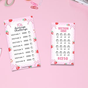 May include: A pink printable savings challenge tracker with strawberries and a white lace design. The tracker is divided into eight sections, each worth $1250. The total savings goal is $10,000. The tracker also includes a section for tracking $1250 in savings.