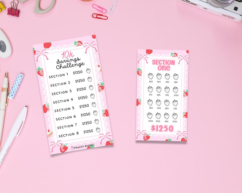 May include: A pink printable savings challenge tracker with strawberries and a white lace design. The tracker is divided into eight sections, each worth $1250. The total savings goal is $10,000. The tracker also includes a section for tracking $1250 in savings.