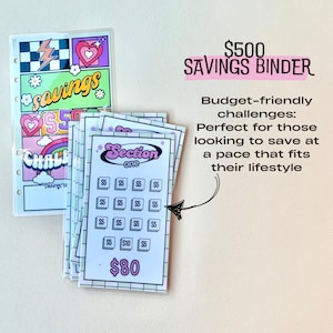 May include: A pink and green savings binder with a gridded design. The binder has a section labeled "Section One" with a grid of squares for saving money. Each square has a dollar amount written in it, with a total of $80. The binder is labeled "$500 Savings Binder" and has the text "Budget-friendly challenges: Perfect for those looking to save at a pace that fits their lifestyle."