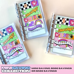 May include: Three clear plastic binders with colorful pages and text that reads "savings challenge" and "savings belongs to". The binders have different amounts on the front: $500, $900, and "mini".