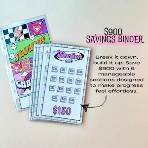 May include: A savings binder with six sections, each with a grid of squares to track $10 increments. The binder is designed to help save $900 in total. The text on the binder reads "$900 Savings Binder" and "Break it down, build it up: Save $900 with 6 manageable sections designed to make progress feel effortless."