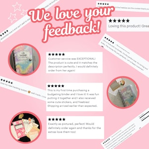 May include: A collage of customer reviews for a budgeting binder. The reviews are positive and highlight the product's quality, design, and customer service. The reviews include five-star ratings and text praising the product's cuteness, functionality, and shipping speed. The image also shows the product, a pink and blue budgeting binder with a rainbow design.