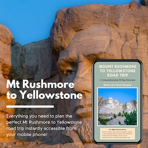 Puede incluir: Un teléfono inteligente que muestra una guía de viaje digital para un viaje por carretera desde el Monte Rushmore hasta el Parque Nacional de Yellowstone. La guía incluye un itinerario de 10 días, información sobre cierres de carreteras, clima, lugares para visitar y costos esperados. La imagen también muestra un primer plano del Monte Rushmore.