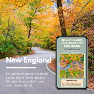 May include: A phone screen displaying a digital guidebook for a fall road trip through New England. The guidebook is titled "New England Fall Road Trip Guidebook" and features a photo of a winding road through a forest with colorful autumn leaves. The text "Where Are Those Morgans" is also visible on the screen.