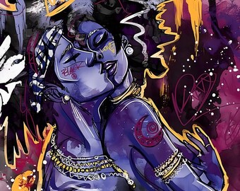 Könnte beinhalten: Ein digitales Gemälde eines sich umarmenden Paares. Die Frau trägt eine Krone auf dem Kopf und goldenen Schmuck. Das Gemälde ist im Aquarellstil mit violetten, goldenen und schwarzen Farben gehalten.