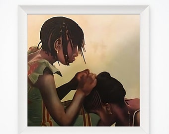 May include: A painting of two young women with dark brown skin. The woman in the foreground is braiding the hair of the woman behind her. The painting is done in a realistic style and has a warm color palette.