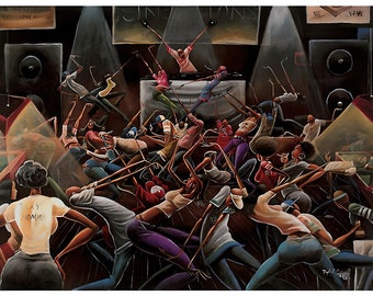 May include: A vibrant painting depicting a crowded dance floor with people of color dancing and holding up glow sticks. The painting is set in a nightclub with a DJ booth and speakers in the background. The text "Just In Time" is visible on the wall.