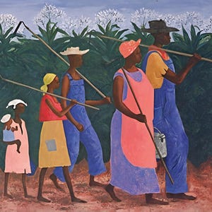 May include: An artistic painting depicts a group of people walking in a field. The figures are dressed in colorful clothing, including overalls, aprons, and hats. They carry tools and walk past green foliage and white flowers.