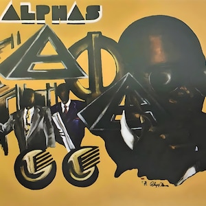 May include: A yellow background with a black and white illustration of a man wearing sunglasses. The image includes the word "ALPHAS" in white letters and geometric shapes in black and gold.