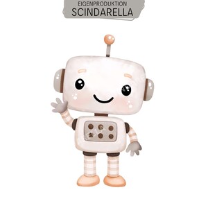 Könnte beinhalten: Eine hellbeige und braune Cartoon-Roboter-Illustration mit rechteckigem Kopf, lächelndem Gesicht und winkender Hand. Der Roboter hat eine kleine Antenne, runde Ohren und einen Rumpf mit sechs runden Knöpfen. Der Text lautet EIGENPRODUKTION SCINDARELLA.