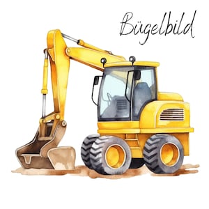 Könnte beinhalten: Ein gelber Bau-Bagger mit einer großen Schaufel, schwarzen Reifen und einer Fahrerkabine mit Fenstern. Die Illustration ist im Aquarellstil mit sichtbaren Pinselstrichen gehalten und trägt den Text Bügelbild in schwarzer Schrift.