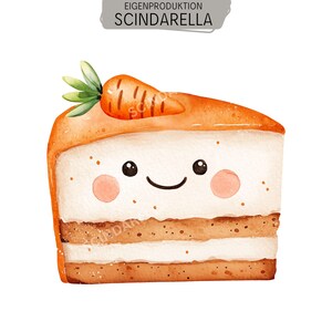 Könnte beinhalten: Eine Aquarellillustration eines Stücks Karottenkuchen mit einem lächelnden Gesicht, rosa Wangen und einer kleinen orangefarbenen Karotte obenauf. Der Kuchen hat Schichten aus hellbraunem Biskuit und weißer Creme, mit dem Text EIGENPRODUKTION SCINDARELLA darüber.