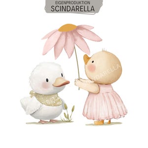 Könnte beinhalten: Eine digitale Illustration mit einem weißen Entenküken mit beigem gepunktetem Halstuch und einem hellgelben Entenküken in einem rosa Kleid, das eine große rosa Blume hält. Der Text EIGENPRODUKTION SCINDARELLA steht oben im Bild.