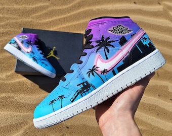 Nike Air Jordan 1 Mid 'Miami Tropical Summer Vibes' custom sneakers, beach house, city and palmtrees silhouette