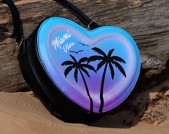 Miami Sunset Sac à bandoulière personnalisé pour femmes cadeau de relation peint à la main bleu violet palmiers sac à bandoulière Vegan
