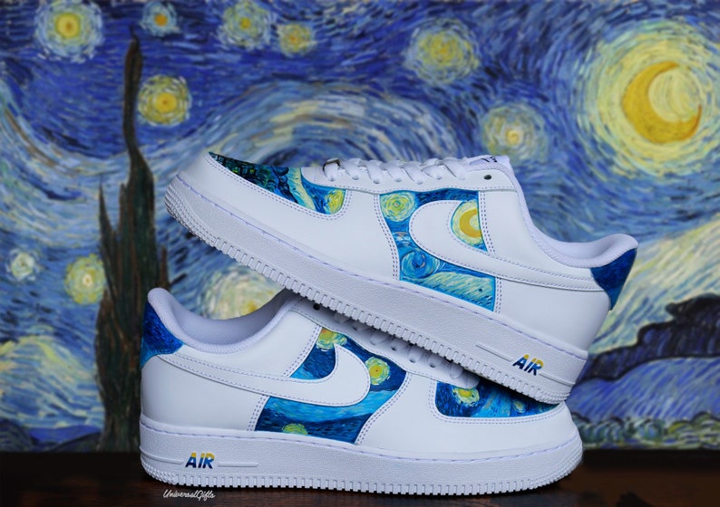 Starry Night - Van Gogh customized sneakers Nike AF1, sneakers voor haar en hem air force 1 blauwe artistieke schoenen, ultiem verjaardagscadeau, swirls vincent op een witte sneaker, sterrenhemel en galaxy