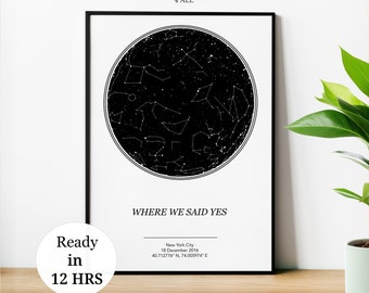 Mapa estelar digital personalizado con fecha, ubicación, regalo de bodas, mapa del cielo con constelaciones, regalo de aniversario personalizado