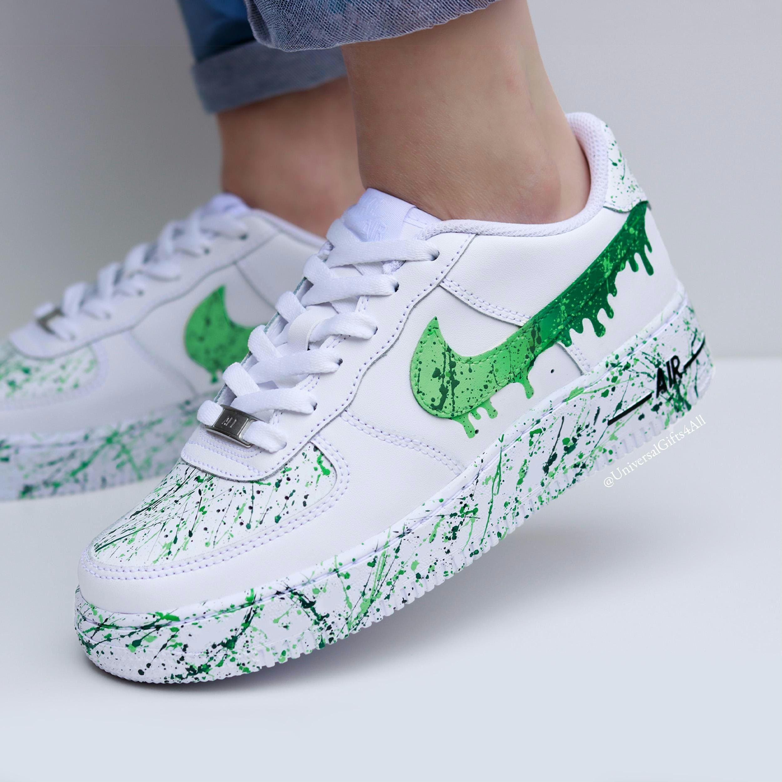 Air Force 1 Custom White Shoes Grass Green Drip Swooshes Mens 8.5 Nike Air Force 1 Grass “Rope Laces Green” © main image 3